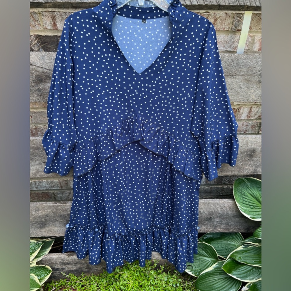 Size large, navy blue ruffle front dress polka dot
